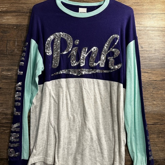 PINK Victoria's Secret Blue and Gray Oversized Graphic Sweatshirt - Picture 1 of 7